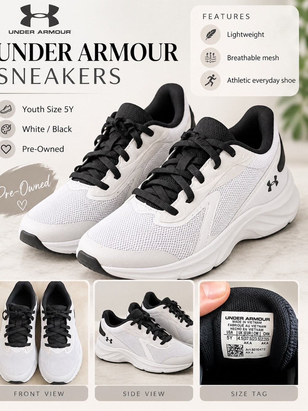 Under Armour White and Black Youth Mesh Sneakers - Lightweight Athletic Shoes